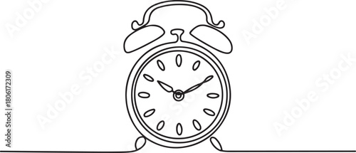 Continuous one line drawing of vintage alarm clock vector design, Clock drawn symbol. One line art continuous icon. one line Icon drawing with white background