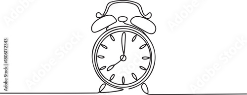 Continuous one line drawing of vintage alarm clock vector design, Clock drawn symbol. One line art continuous icon. one line Icon drawing with white background
