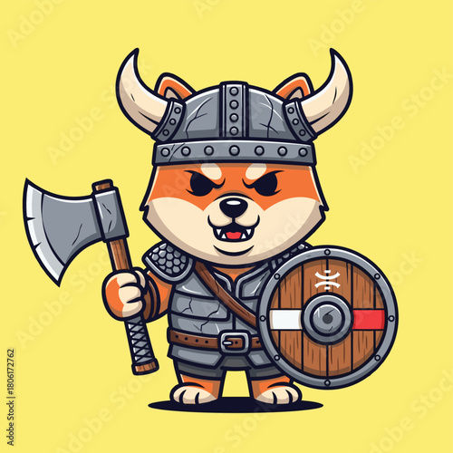 Cute cartoon Shiba Inu dog dressed as a Viking warrior, holding an axe and a shield, with a horned helmet and armor on a yellow background.