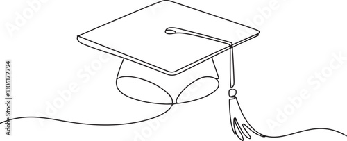 One continuous line drawing of graduation hat. Concept of student of university college and school. Doodle vector illustration. one line Icon drawing with white background