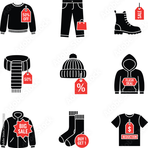 Black Friday Clothing Sale Glyph Icon Set – Winter Apparel and Discount Tags