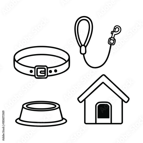 Dog accessories and pet care items line art icon set.