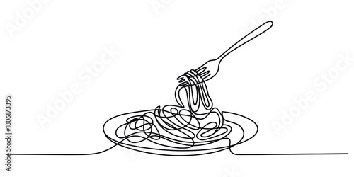 Continuous line drawing of spaghetti and fork on a plate food
