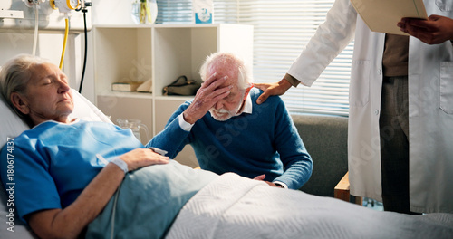 Фотография Stress, old people and doctor with bad news in hospital bed for loss, comfort and passing of partner
