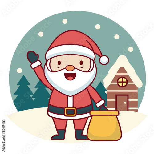 Happy Santa Claus cartoon character with red hat, beard, and a bag of Christmas gifts isolated in the snow for a winter celebration