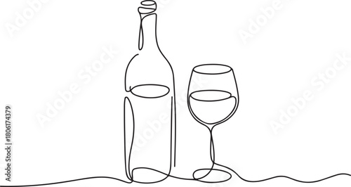 Wine bottle and wine glass drawing with one continuous line, Continuous line one drawing of wine bottle with wineglass. one line Icon drawing with white background