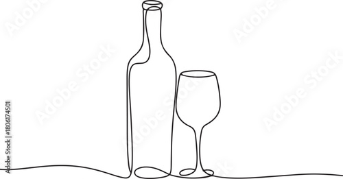 Wine bottle and wine glass drawing with one continuous line, Continuous line one drawing of wine bottle with wineglass. one line Icon drawing with white background