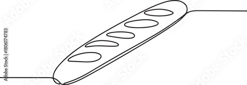 Bread one line drawing, One continuous line drawing of long loaf bread, Bread in the form of a baguette. Long sandwich bread. one line Icon drawing with white background