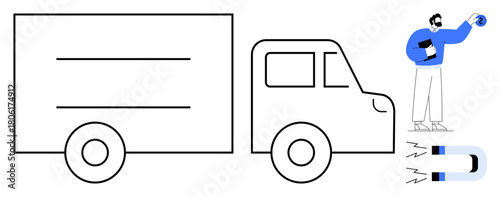 Delivery truck with magnet effects to illustrate attraction and focus man holding globe and package. Ideal for logistics, shipping, efficiency, global trade, e-commerce, marketing, supply chain