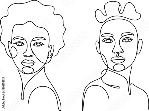Set of Line art portrait African American women. Continuous one line drawing woman face isolated on white for logo. one line Icon drawing with white background