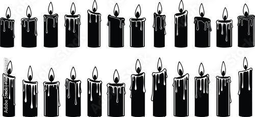 Black candle silhouette vector set with wax drips and flames for gothic, spooky, ritual, decorative, and Halloween design themes.