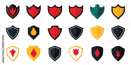 Collection of pin icon sets with shield symbols, labels, and marker design elements for maps and web illustration
