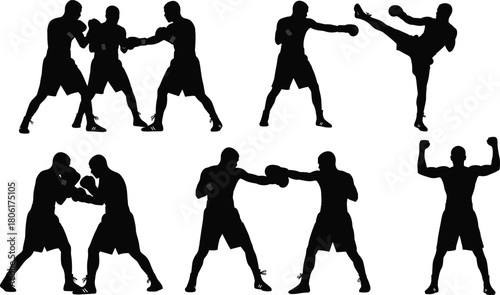 Boxer Silhouette Set Fighting Sparring And Celebrating Victory Isolated Vector Illustration