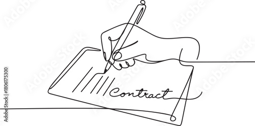 Continuous one line drawing of Hand signing contract agreement paper vector illustration. one line Icon drawing with white background
