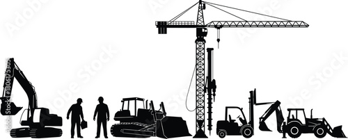 Construction silhouette vector set with workers and heavy machinery including excavator, crane, bulldozer, forklift, and loader illustrations.
