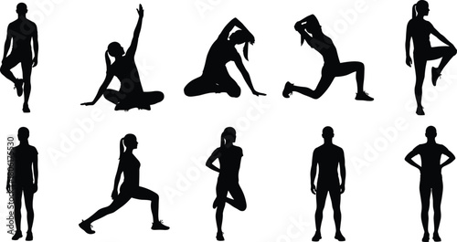 Fitness Silhouette Set Of People Stretching And Warming Up For Sports Isolated Vector Illustration