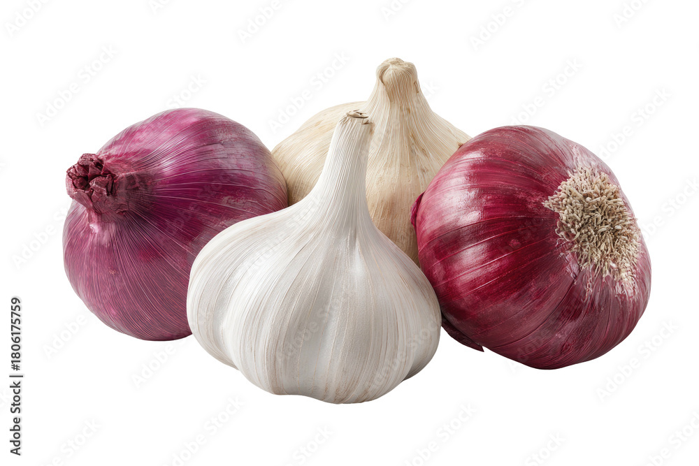 Fototapeta premium Red onions and garlic bulbs against a dark background