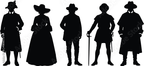 Historical Warrior Silhouette Set Featuring Tunics, Hats, Swords, and Cloaks for Costume, Fantasy, and Illustration Use