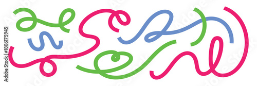 Abstract colorful wavy lines forming a playful doodle with green, pink, and blue ribbons on a white background, modern design element for creativity