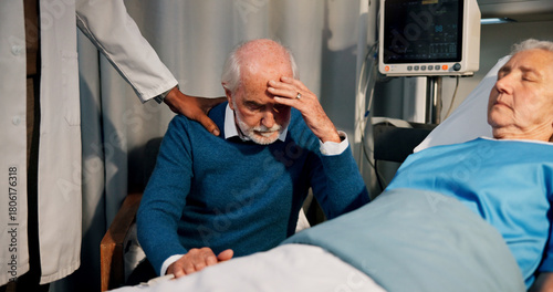 Картината върху платно Comfort, old people and doctor with bad news in hospital bed for loss, console or passing of partner