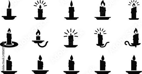 Set of black candle icon silhouettes with varied flame styles and holders for decorative, spiritual, and symbolic vector design.