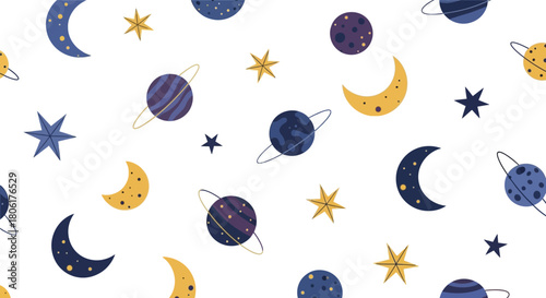 Cute seamless pattern with planets, stars, and moon for kids' products and playful designs creating a whimsical and imaginative aesthetic for any project