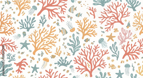 Delightful underwater pattern featuring colorful coral reefs, cute jellyfish, and playful fish swimming peacefully on a white background, perfect for summer designs