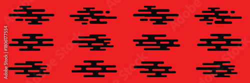 Bold black abstract shapes repeated across a vibrant red background, creating a striking, minimalist, and modern graphic pattern, ideal for design projects.