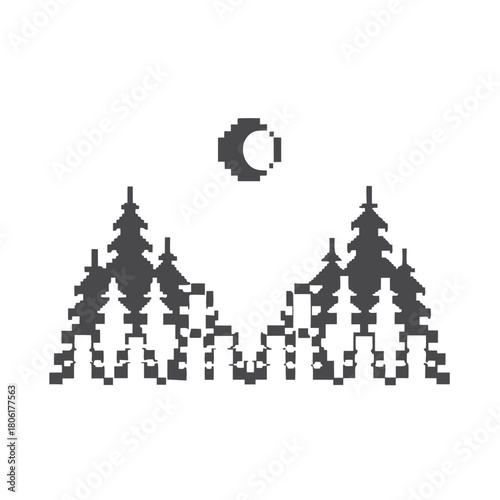 Pixelated evergreen trees stand beneath a simple, pixelstyle moon shining brightly over the monochrome forest