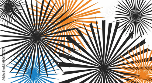 Dynamic starburst pattern in bold black, orange, and blue hues for vibrant backgrounds or attention-grabbing designs and exciting visual effects