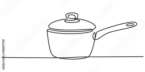 Continuous line art drawing of a saucepan with a lid and handle