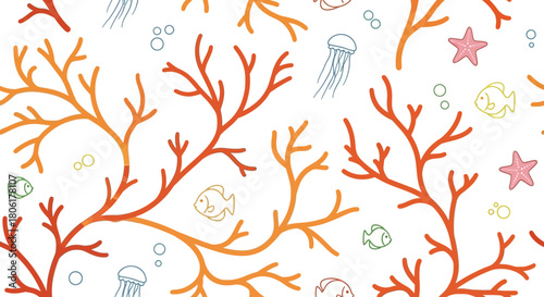 Whimsical ocean themed pattern featuring coral, fish, jellyfish and starfish creating a vibrant and playful design perfect for kids apparel and decor