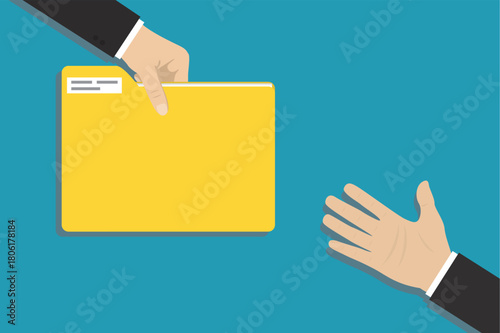 Managers or users exchanges data. Hands giving documents folders, conceptual businessmen exchanging information data icon. Communication, office work, paperwork.