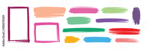 Collection of colorful hand-drawn brush stroke elements and frames, offering a vibrant and artistic set of design assets for creative projects on a white background.