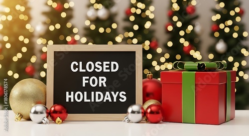 festive decor in background. perfect for business, retail store, office,Closed for holidays sign board on a wooden table Closed for the Holidays' against a cozy, warm-toned festive background.