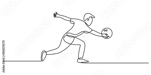 Continuous line art drawing of a man bowling, isolated on white