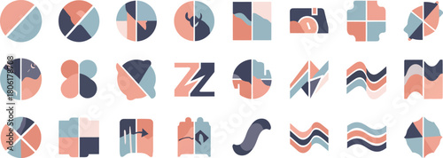 A vibrant collection of abstract geometric shapes and patterns in a modern minimalist style featuring a harmonious color palette of coral teal and navy blue