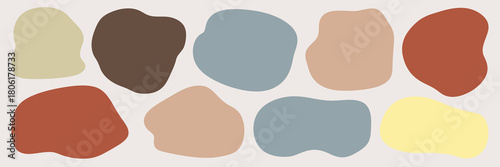 Abstract organic shapes in muted earthy tones of terracotta, beige, blue, brown, and yellow arranged in a modern, minimalist pattern for design.