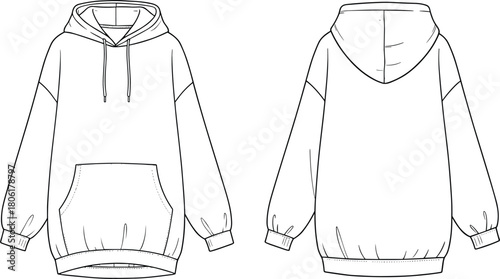 Oversized hoodie front and back technical flat, blank sweatshirt template with kangaroo pocket, drawstring hood, ribbed cuffs, apparel fashion outline, vector illustration