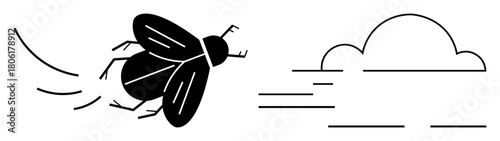Flying insect buzzing near a cloud with motion lines indicating speed and dynamism. Ideal for movement, agility, nature, energy, speed, simplicity, symbolic representation. Minimalist flat metaphor