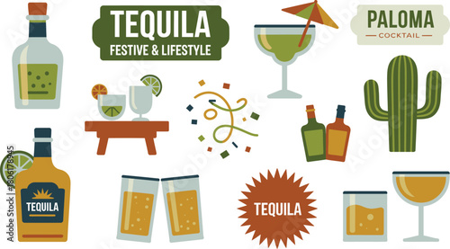 Tequila Paloma Cocktail Illustrations Bottles, Glasses, Festive Decor, and Cactus Icon Set Design