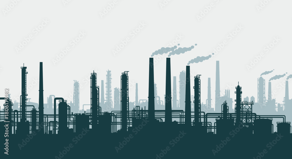 Fototapeta premium Silhouette of a large industrial complex with numerous smokestacks emitting smoke against a light gray sky, depicting pollution and industrial activity.