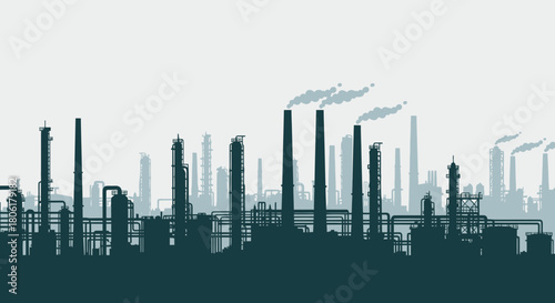 Silhouette of a large industrial complex with numerous smokestacks emitting smoke against a light gray sky, depicting pollution and industrial activity.
