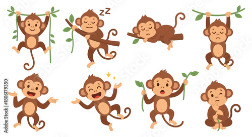 Collection of cartoon monkeys in various poses: hanging, sleeping, surprised, happy, and holding leaves.