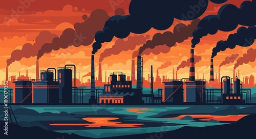 Industrial landscape featuring factories and refineries emitting heavy smoke into an orange sky, reflected in a polluted body of water.