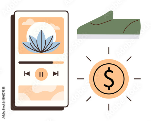 Phone screen with music app, green sneaker, and dollar icon radiating lines. Ideal for lifestyle, fitness, wellness, savings, digital apps e-commerce and mindfulness themes. Simple flat metaphor