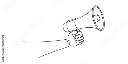 Hand holding a megaphone in a single continuous line drawing art
