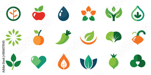 A set of colorful vector icons features diverse green leaves, symbolizing nature, ecology, and organic food elements