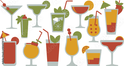 Variety of Colorful Illustrated Cocktail Glasses with Garnishes, Straws, and Festive Decorations on White
