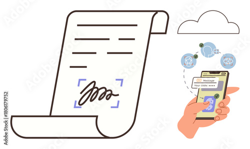 Signed document with a digital signature, hand holding a smartphone with authentication and messaging apps. Ideal for security, technology, communication, authentication, e-signature, cloud storage